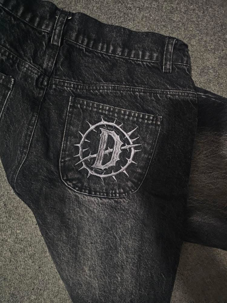 "FAITH IN PRINT" WASHED BLACK DENIM JEANS